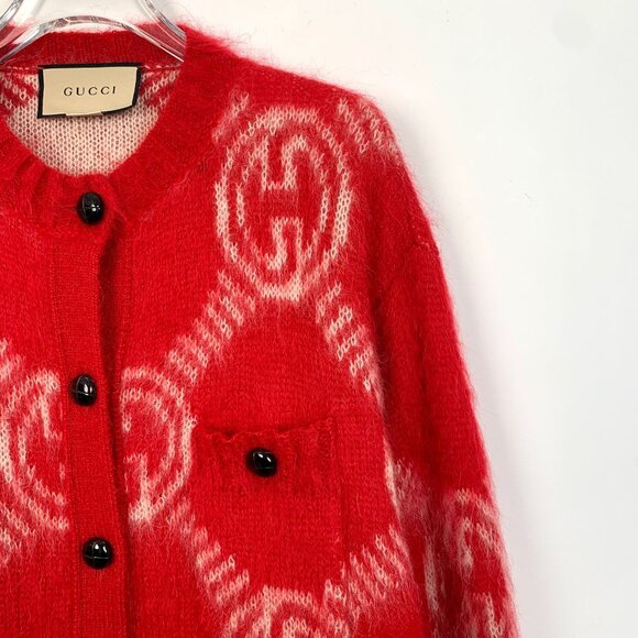 Gucci Red Wool-Blend Cardigan With GG Monogram Pattern & Button Front - Picture 3 of 6